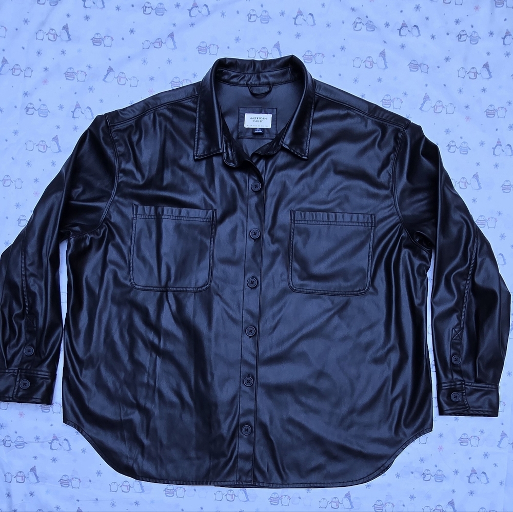 American Eagle Black Faux Leather Shirt Jacket Button up Front And Chest Pockets